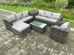 Rackhams Wicker PE Rattan Sofa Set Outdoor Patio Garden Furniture with Armchair Oblong Coffee Table Side Table Big Footstool Dark Grey Mixed - thumbnail 1