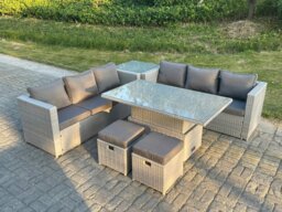 Rackhams 8 Seater Rattan Garden Furniture Set with Adjustable Rising Table, 2 Sofas, Side Table & 2 Footstools - Light Grey - thumbnail 2