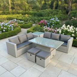 Rackhams 8 Seater Rattan Garden Furniture Set with Adjustable Rising Table, 2 Sofas, Side Table & 2 Footstools - Light Grey - thumbnail 1