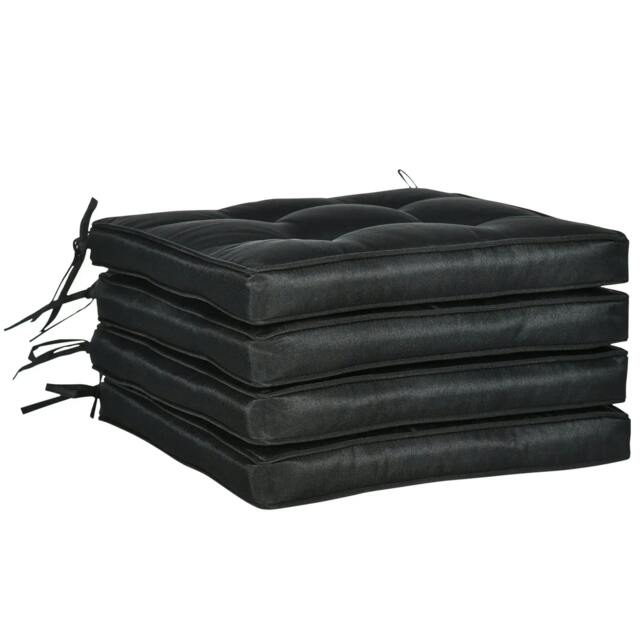 Rackhams Set of 4 Garden Seat Cushion with Ties, 42 x 42cm Replacement Dining Chair Seat Pad, Black - image 1