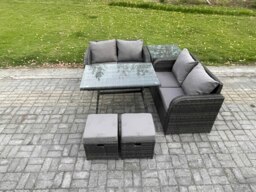 Rackhams Outdoor Garden Furniture Sets 6 Pieces Wicker Rattan Furniture Sofa Sets with Rectangular Dining Table Love Sofa 2 Small Footstool Side Table - thumbnail 2