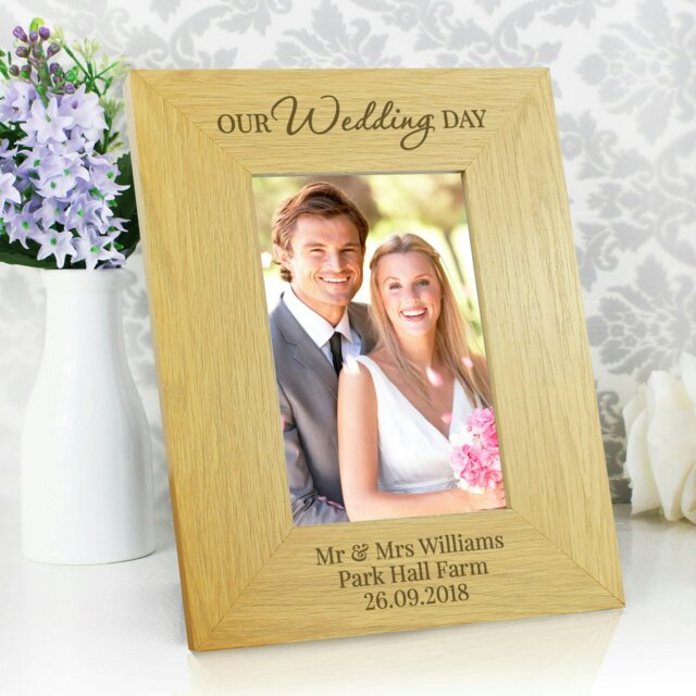 Rackhams Personalised Our Wedding Day 6x4 Oak Finish Photo Frame - image 1