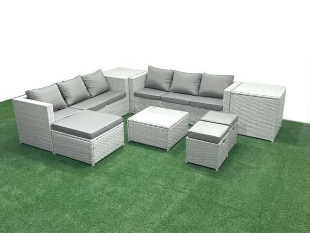 Rackhams Rattan Garden Outdoor Furniture Set 9 Seater Rattan Garden Sofa Set with 3 Footstools 2 Side Tables Light Grey Mixed - image 1