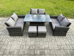 Rackhams Wicker PE Rattan Garden Furniture Set - Dark Grey Mixed Height Adjustable Rising Lifting Table Sofa Dining Set - thumbnail 1
