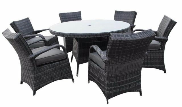 Rackhams 7 PCS Rattan Garden Furniture Dining Set - 6 Seater Patio Round Tempered Glass Dining Table Set- NO ASSEMBLY & ALUMINIUM FRAME - Gray
