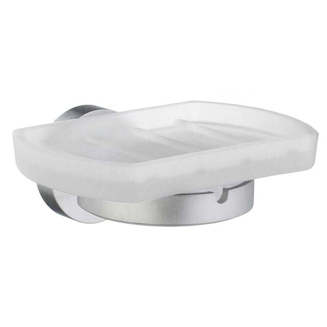 Rackhams Frosted Glass Soap Dish Tray and Brushed Chrome Wall Mounted Holder with Concealed Screws for Bath Shower Bathroom