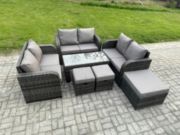 Rackhams Outdoor Garden Furniture Sets 7 Pieces Wicker Rattan Furniture Sofa Sets with Rectangular Coffee Table Love seat Sofa 3 Footstools - thumbnail 1