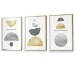 Rackhams Golden Yellow and Grey Mid Century Geometric Framed Set of 3 Wall Art - 42x59cm (A2) - Black - thumbnail 4
