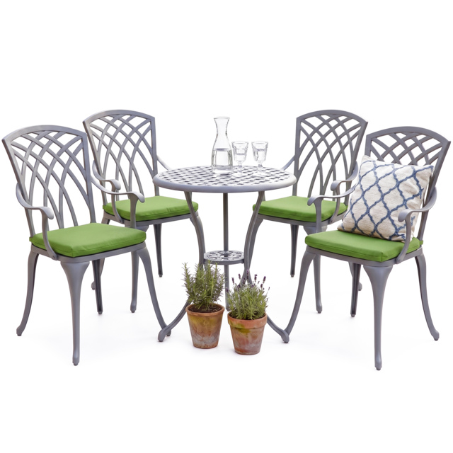Rackhams OSHOWA Luxurious Garden and Patio Table and 4 Large Chairs with Armrests Cast Aluminium Bistro Set - Grey with Green Cushions - image 1