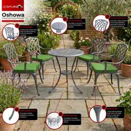 Rackhams OSHOWA Luxurious Garden and Patio Table and 4 Large Chairs with Armrests Cast Aluminium Bistro Set - Grey with Green Cushions - thumbnail 4