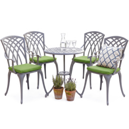 Rackhams OSHOWA Luxurious Garden and Patio Table and 4 Large Chairs with Armrests Cast Aluminium Bistro Set - Grey with Green Cushions