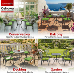 Rackhams OSHOWA Luxurious Garden and Patio Table and 4 Large Chairs with Armrests Cast Aluminium Bistro Set - Grey with Green Cushions - thumbnail 3