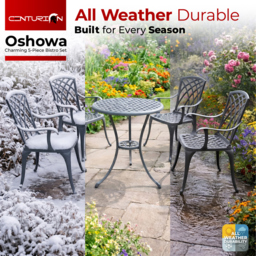 Rackhams OSHOWA Luxurious Garden and Patio Table and 4 Large Chairs with Armrests Cast Aluminium Bistro Set - Grey with Green Cushions - thumbnail 5