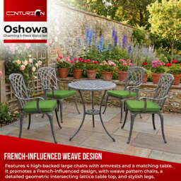 Rackhams OSHOWA Luxurious Garden and Patio Table and 4 Large Chairs with Armrests Cast Aluminium Bistro Set - Grey with Green Cushions - thumbnail 2
