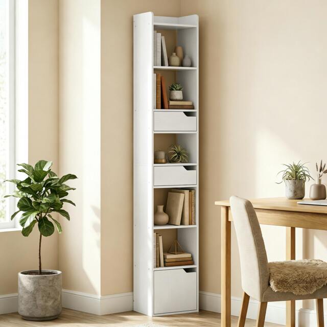 Rackhams Bookcase Tall Narrow with 5 Tiers Drawers White Wood Effect - 32W x 24D x 181.5H cm - White wood effect - 32 - image 1