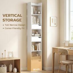 Rackhams Bookcase Tall Narrow with 5 Tiers Drawers White Wood Effect - 32W x 24D x 181.5H cm - White wood effect - 32 - thumbnail 4