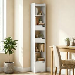 Rackhams Bookcase Tall Narrow with 5 Tiers Drawers White Wood Effect - 32W x 24D x 181.5H cm - White wood effect - 32