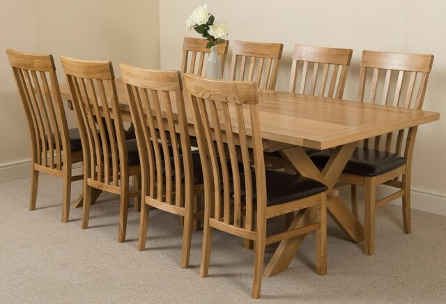 Rackhams Vermont Cross Leg Oak Extending Dining Table with Harvard Oak Chairs - Natural Oak - 8 chairs - image 1