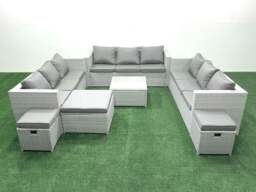 Rackhams Rattan Garden Outdoor Furniture Set 12 Seater Rattan Garden Sofa Set with 3 Footstools Light Grey Mixed - thumbnail 2
