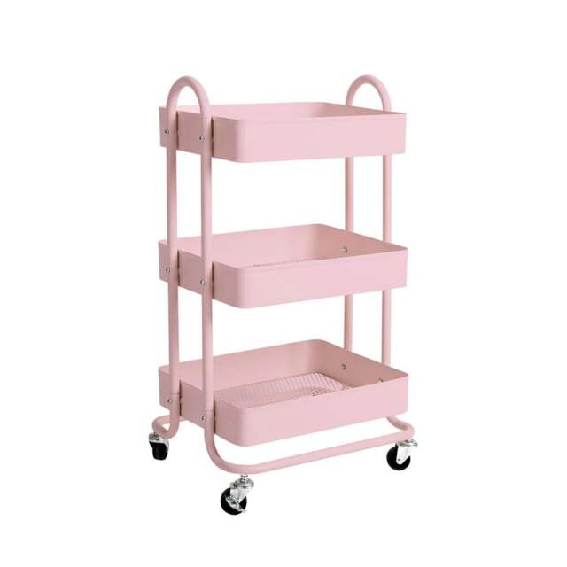 Rackhams Kitchen Trolley Cart 3 Tiers Storage Rack Steel Shelf Organiser Wheels - Pink - image 1