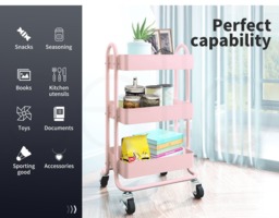 Rackhams Kitchen Trolley Cart 3 Tiers Storage Rack Steel Shelf Organiser Wheels - Pink - thumbnail 6