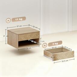 Rackhams Floating Nightstands Set of 2, Bedside Table w/ Drawer and Open Shelf - Natural wood finish - 1 - Nordic - thumbnail 3