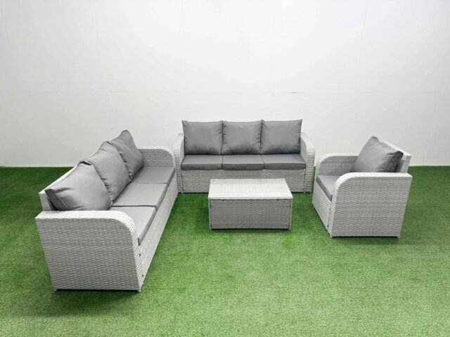 Rackhams 7 Seater Poly Rattan Outdoor Garden Furniture Sofa Set Patio 3 Seater Sofa Reclining Chair 3 Seater Sofa Light Grey - image 1