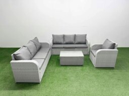 Rackhams 7 Seater Poly Rattan Outdoor Garden Furniture Sofa Set Patio 3 Seater Sofa Reclining Chair 3 Seater Sofa Light Grey - thumbnail 1