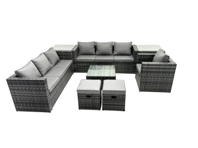 Rackhams Rattan Garden Furniture Dining Set 9 seater Patio Coffee Table Sofa Set with 2 Side Tables 2 Small Stools Dark Grey Mixed - image 1