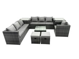 Rackhams Rattan Garden Furniture Dining Set 9 seater Patio Coffee Table Sofa Set with 2 Side Tables 2 Small Stools Dark Grey Mixed - thumbnail 1