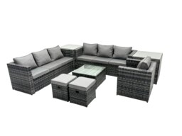 Rackhams Rattan Garden Furniture Dining Set 9 seater Patio Coffee Table Sofa Set with 2 Side Tables 2 Small Stools Dark Grey Mixed - thumbnail 2