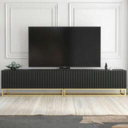 Rackhams Modular Black TV Unit with Gold Base 200cm – Fluted Fronts & Push-Down Doors - 200cm  - 1 -  MDF/Chipboard - thumbnail 3