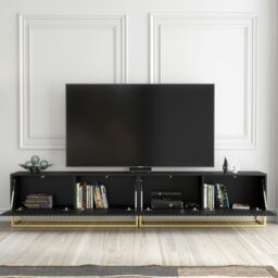 Rackhams Modular Black TV Unit with Gold Base 200cm – Fluted Fronts & Push-Down Doors - 200cm  - 1 -  MDF/Chipboard - thumbnail 4