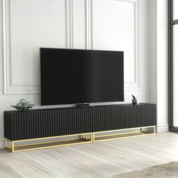 Rackhams Modular Black TV Unit with Gold Base 200cm – Fluted Fronts & Push-Down Doors - 200cm  - 1 -  MDF/Chipboard - thumbnail 2