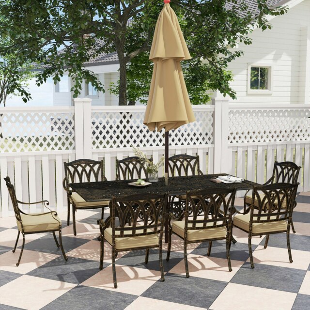 Rackhams 9 Pieces Cast Aluminium Garden Dining Set with Parasol Hole, Bronze - Bronze Tone - Cast Aluminium, Polyester - 220L x 106W x 72Hcm - image 1