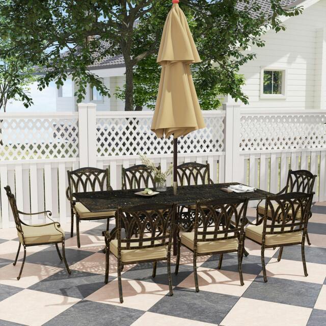 Rackhams 9 Pieces Cast Aluminium Garden Dining Set with Parasol Hole, Bronze - image 1