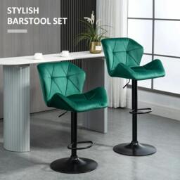 Rackhams Bar Stools Set Of 2, Velvet-Touch Barstools with Metal Frame Footrest and Adjustable Height, Green - thumbnail 4