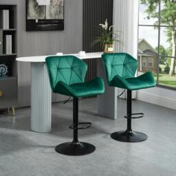 Rackhams Bar Stools Set Of 2, Velvet-Touch Barstools with Metal Frame Footrest and Adjustable Height, Green - thumbnail 2