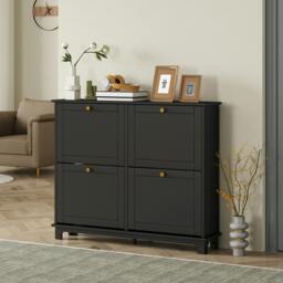 Rackhams Narrow Shoe Cabinet with 4 Flip Drawers Adjustable Shelves, Black - thumbnail 1