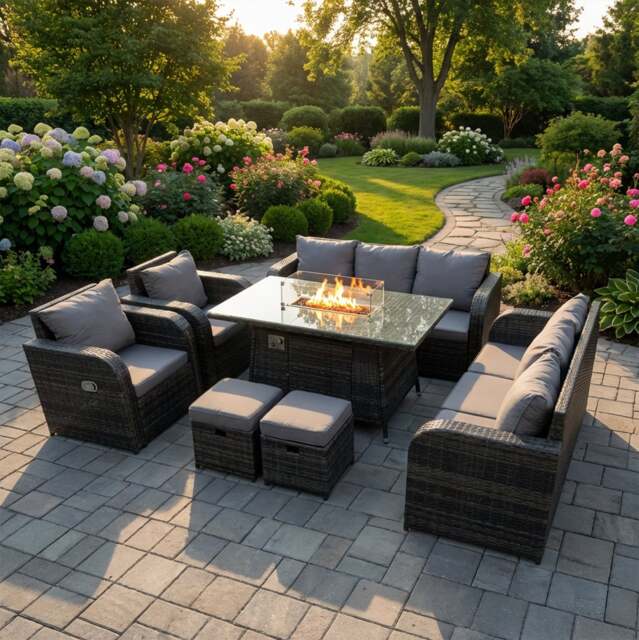 Rackhams 10 Seater Rattan Outdoor Garden Furniture Set with Gas Fire Pit Dining Table, 2 Reclining Chairs, 2 Sofas, 2 Footstools - Dark Grey - image 1