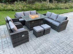 Rackhams 10 Seater Rattan Outdoor Garden Furniture Set with Gas Fire Pit Dining Table, 2 Reclining Chairs, 2 Sofas, 2 Footstools - Dark Grey - thumbnail 3