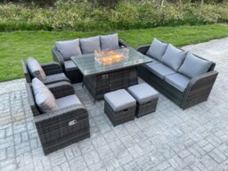 Rackhams 10 Seater Rattan Outdoor Garden Furniture Set with Gas Fire Pit Dining Table, 2 Reclining Chairs, 2 Sofas, 2 Footstools - Dark Grey - thumbnail 4
