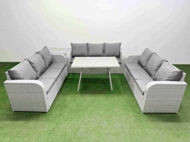 Rackhams 9 Seat Outdoor PE Rattan Garden Furniture with Cushions 3 Seater Sofa Side Table Light Grey - image 1