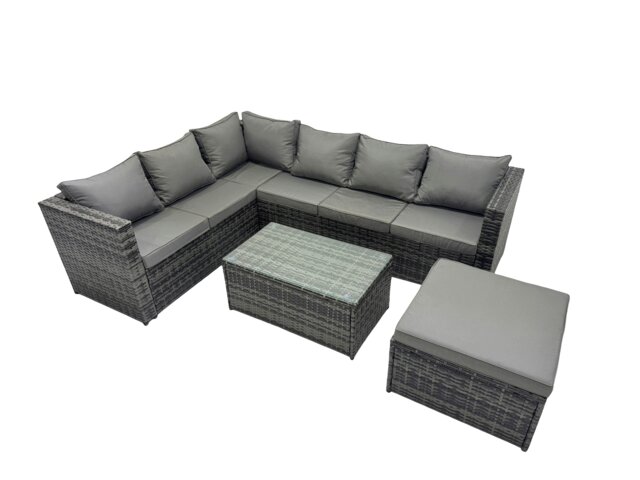 Rackhams Outdoor Rattan Rectangular Coffee Table Corner Sofa Setss Garden Furniture Set with Big Stool Dark Grey Mixed - image 1