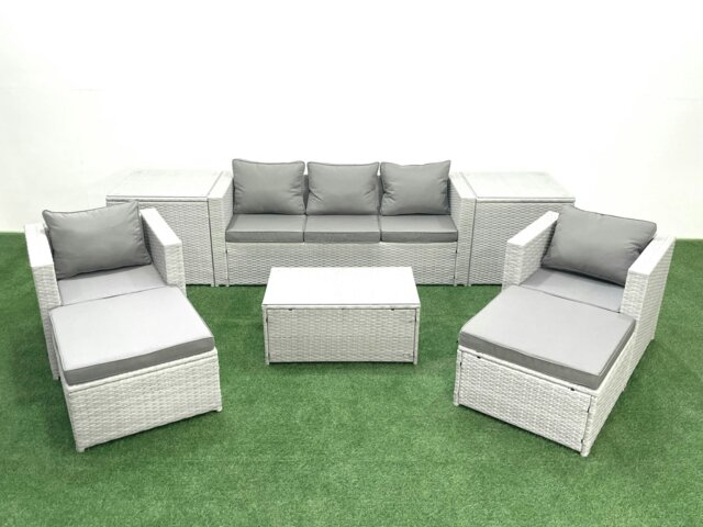Rackhams Rattan Garden Furniture Set with 3 Seater Sofa 2 Chair Rectangular Coffee Table 2 Big Footstools 2 Side Tables Light Grey Mixed 7 Seater - image 1