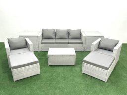 Rackhams Rattan Garden Furniture Set with 3 Seater Sofa 2 Chair Rectangular Coffee Table 2 Big Footstools 2 Side Tables Light Grey Mixed 7 Seater - thumbnail 1