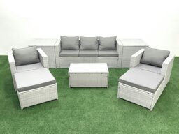 Rackhams Rattan Garden Furniture Set with 3 Seater Sofa 2 Chair Rectangular Coffee Table 2 Big Footstools 2 Side Tables Light Grey Mixed 7 Seater - thumbnail 2