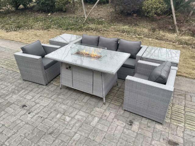 Rackhams Light Grey Corner Rattan Garden Furniture Set Gas Fire Pit Heater Burner Lounge Sofa With 2 Side Coffee Table And Armchairs - image 1