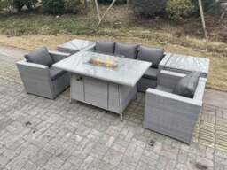 Rackhams Light Grey Corner Rattan Garden Furniture Set Gas Fire Pit Heater Burner Lounge Sofa With 2 Side Coffee Table And Armchairs - thumbnail 1