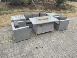 Rackhams Light Grey Corner Rattan Garden Furniture Set Gas Fire Pit Heater Burner Lounge Sofa With 2 Side Coffee Table And Armchairs - thumbnail 2